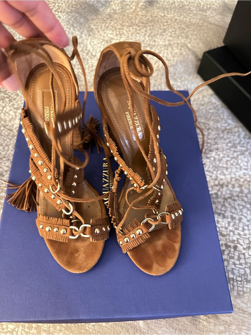 Aquazzura Brown Suede Tassel Lace-Up Heels with Studs